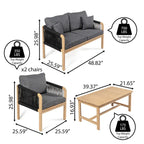 Ensemble de patio extérieur moderne bohème 4 pièces en bois d'acacia Aveiro avec coussins et oreillers décoratifs unis, par JONATHAN Y