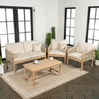Ensemble de patio extérieur moderne bohème 4 pièces en bois d'acacia Aveiro avec coussins et oreillers décoratifs unis, par JONATHAN Y