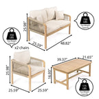 Ensemble de patio extérieur moderne bohème 4 pièces en bois d'acacia Aveiro avec coussins et oreillers décoratifs unis, par JONATHAN Y