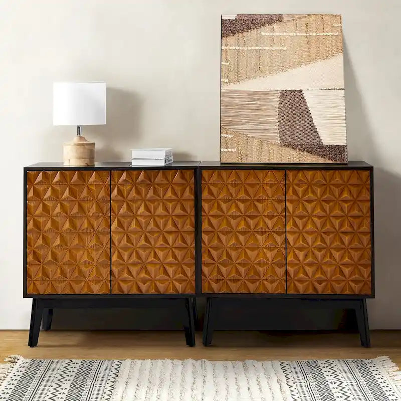 Ensemble de 2 cabinets d'appoint à 2 portes en bois massif noir/noyer, style Mid-Century, avec étagères réglables