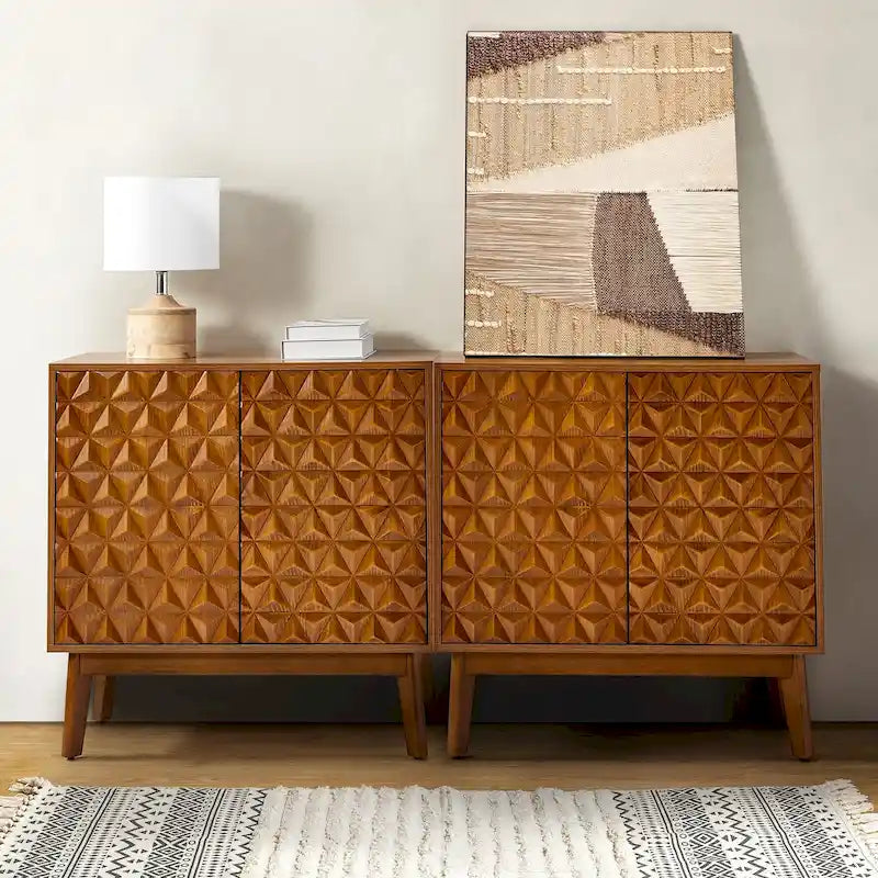 Ensemble de 2 cabinets d'appoint à 2 portes en bois massif noir/noyer, style Mid-Century, avec étagères réglables