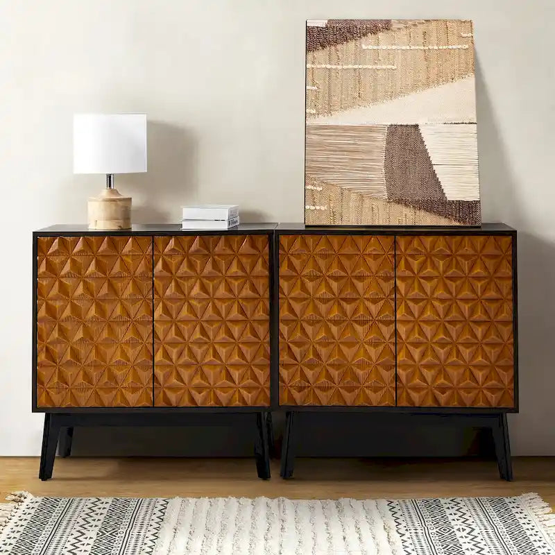 Ensemble de 2 cabinets d'appoint à 2 portes en bois massif noir/noyer, style Mid-Century, avec étagères réglables