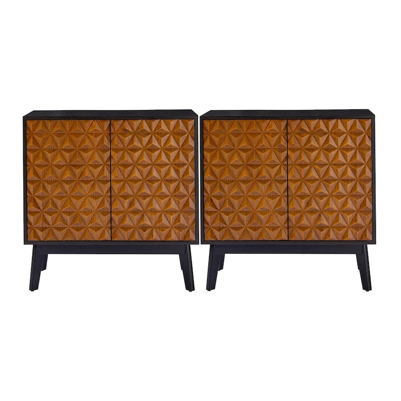 Ensemble de 2 cabinets d'appoint à 2 portes en bois massif noir/noyer, style Mid-Century, avec étagères réglables
