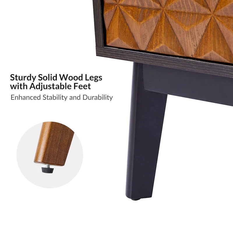 Ensemble de 2 cabinets d'appoint à 2 portes en bois massif noir/noyer, style Mid-Century, avec étagères réglables