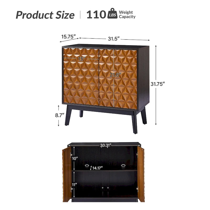 Ensemble de 2 cabinets d'appoint à 2 portes en bois massif noir/noyer, style Mid-Century, avec étagères réglables