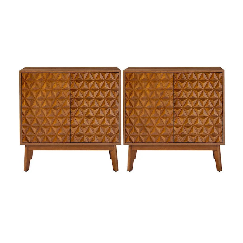 Ensemble de 2 cabinets d'appoint à 2 portes en bois massif noir/noyer, style Mid-Century, avec étagères réglables
