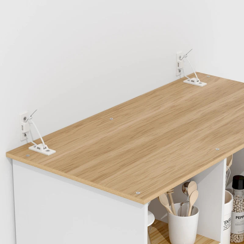 Vaisselier de cuisine blanc avec 6 étagères ouvertes, 2 tiroirs et une porte grillagée métallique