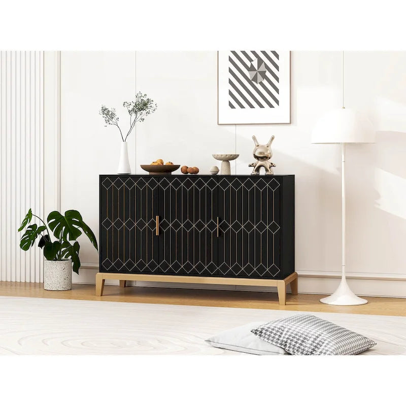 Buffet bahut noir antique à 3 portes avec étagère réglable et poignées dorées