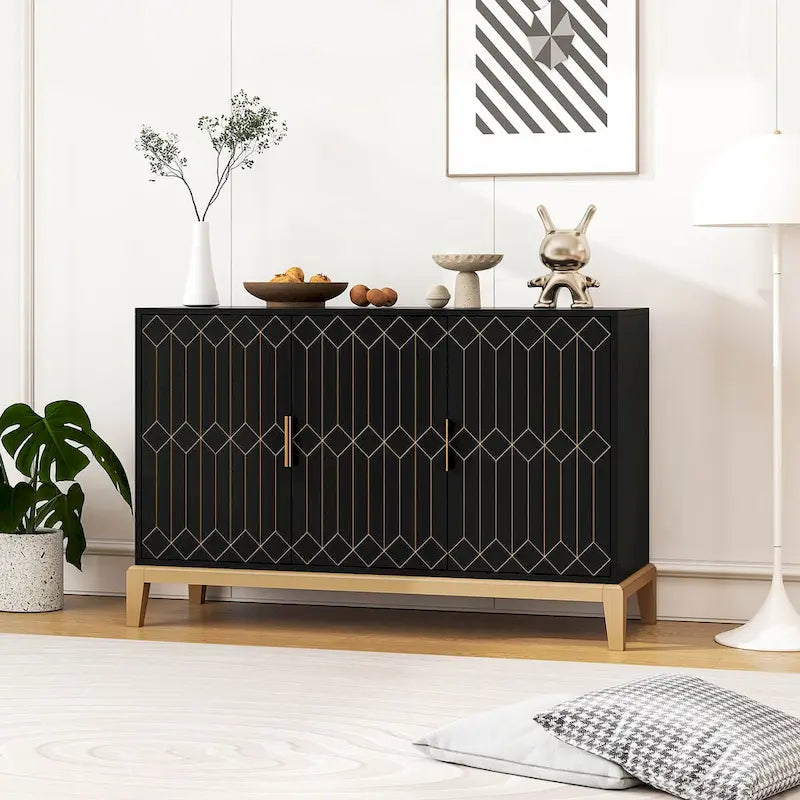 Buffet bahut noir antique à 3 portes avec étagère réglable et poignées dorées
