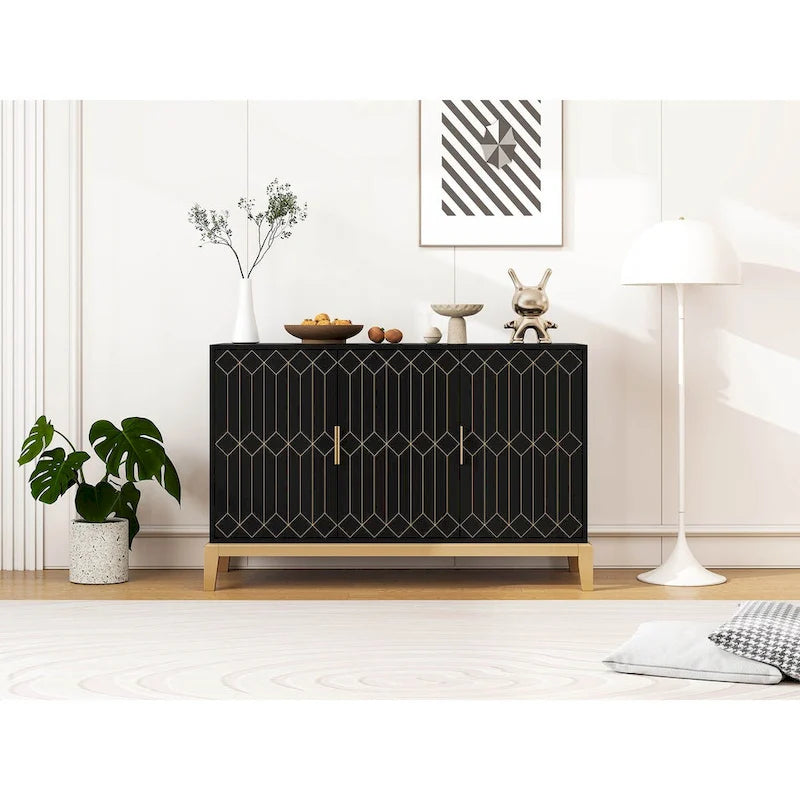 Buffet bahut noir antique à 3 portes avec étagère réglable et poignées dorées
