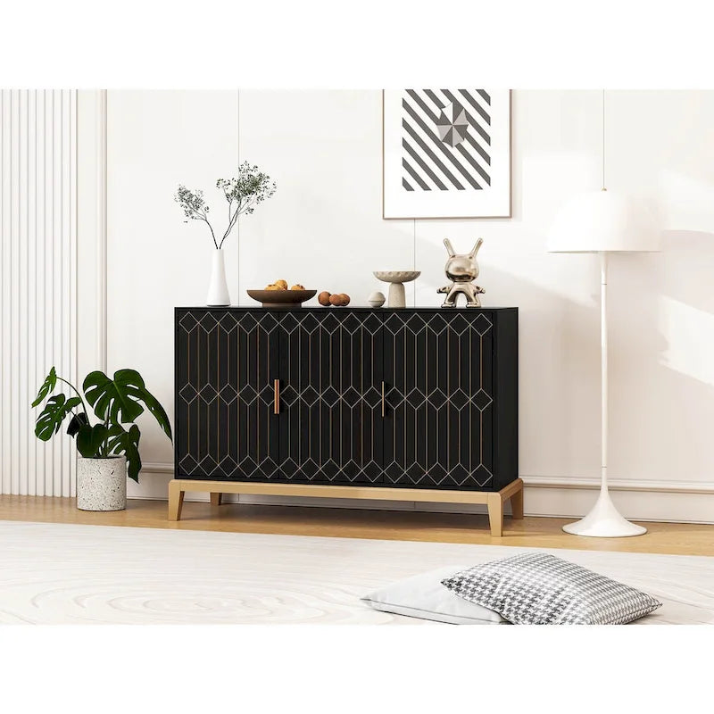 Buffet bahut noir antique à 3 portes avec étagère réglable et poignées dorées