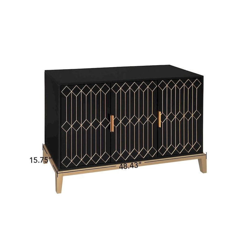 Buffet bahut noir antique à 3 portes avec étagère réglable et poignées dorées