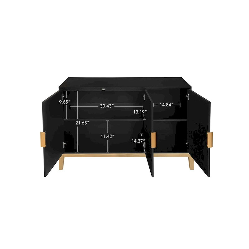 Buffet bahut noir antique à 3 portes avec étagère réglable et poignées dorées