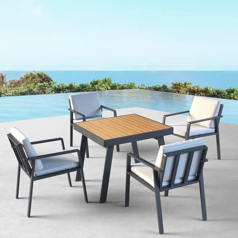 HIGOLD 6801 Nofi Salon de Jardin pour 4/6 personnes avec Coussins/Textile Gris, Structure en Aluminium, Plateau de Table Imitation Teck