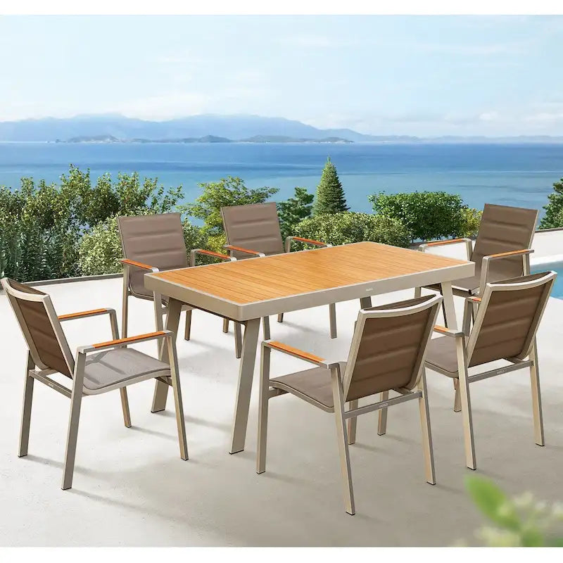 HIGOLD 6801 Nofi Salon de Jardin pour 4/6 personnes avec Coussins/Textile Gris, Structure en Aluminium, Plateau de Table Imitation Teck
