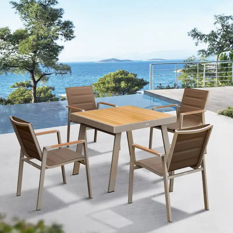 HIGOLD 6801 Nofi Salon de Jardin pour 4/6 personnes avec Coussins/Textile Gris, Structure en Aluminium, Plateau de Table Imitation Teck