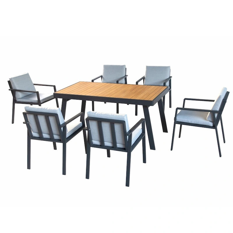 HIGOLD 6801 Nofi Salon de Jardin pour 4/6 personnes avec Coussins/Textile Gris, Structure en Aluminium, Plateau de Table Imitation Teck