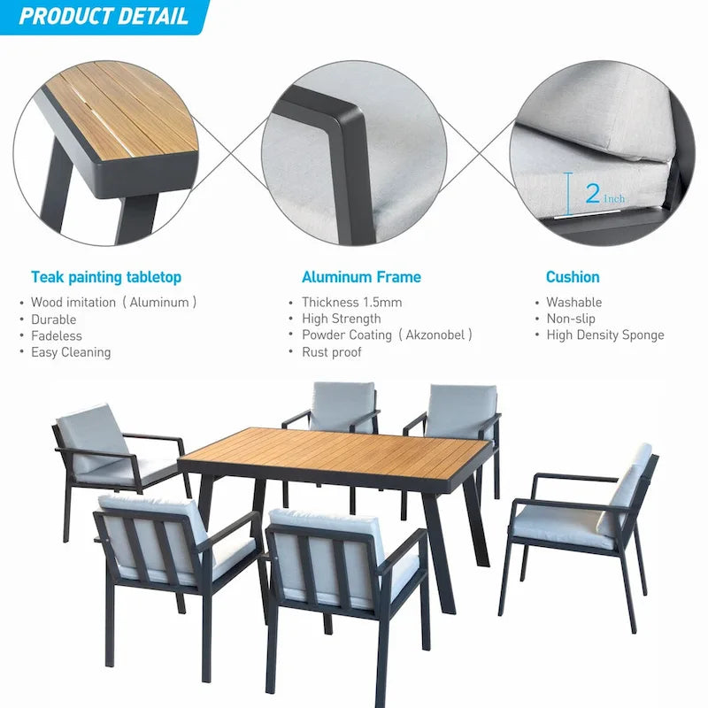 HIGOLD 6801 Nofi Salon de Jardin pour 4/6 personnes avec Coussins/Textile Gris, Structure en Aluminium, Plateau de Table Imitation Teck