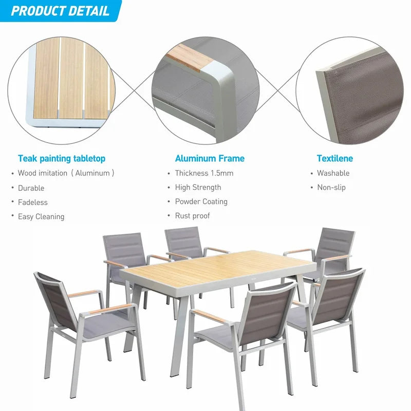 HIGOLD 6801 Nofi Salon de Jardin pour 4/6 personnes avec Coussins/Textile Gris, Structure en Aluminium, Plateau de Table Imitation Teck