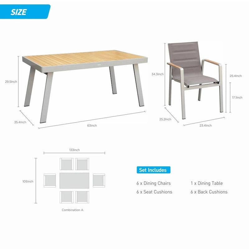 HIGOLD 6801 Nofi Salon de Jardin pour 4/6 personnes avec Coussins/Textile Gris, Structure en Aluminium, Plateau de Table Imitation Teck