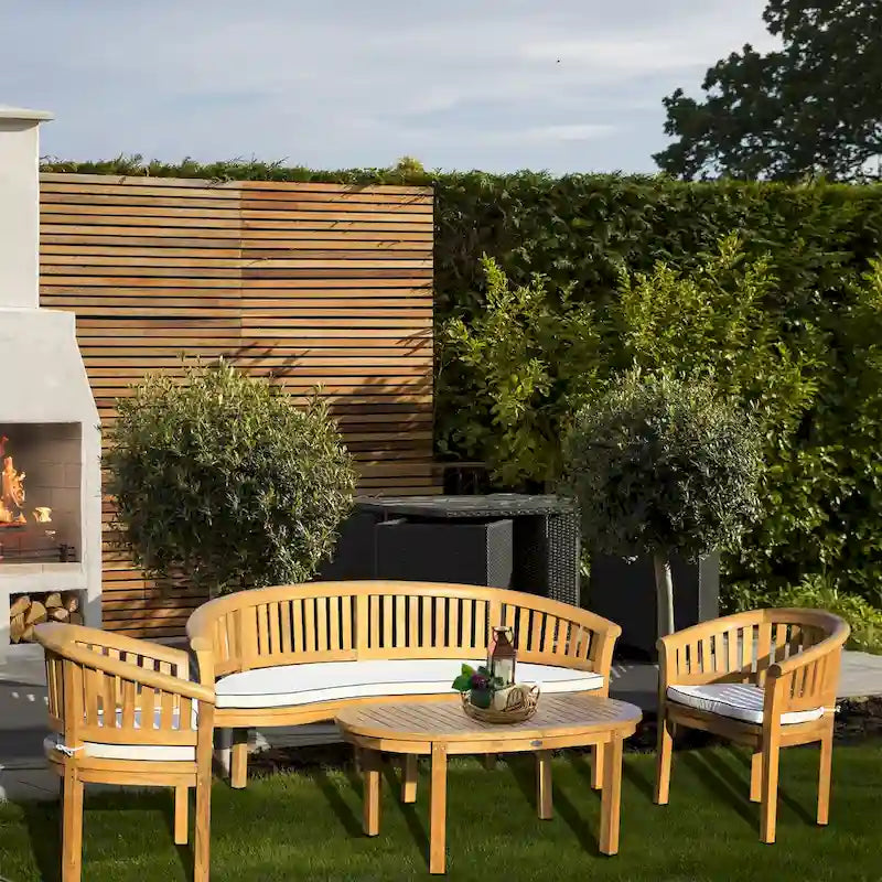 Ensemble de salon de patio Chic Teak Peanut en teck, 4 pièces, avec banquette triple, 2 fauteuils et table basse