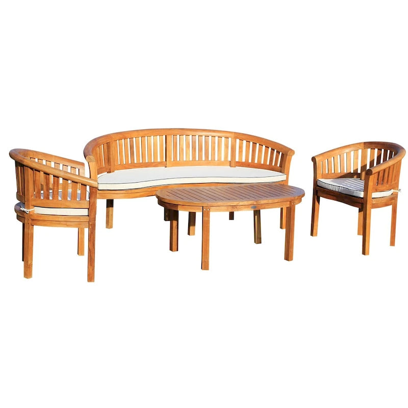 Ensemble de salon de patio Chic Teak Peanut en teck, 4 pièces, avec banquette triple, 2 fauteuils et table basse