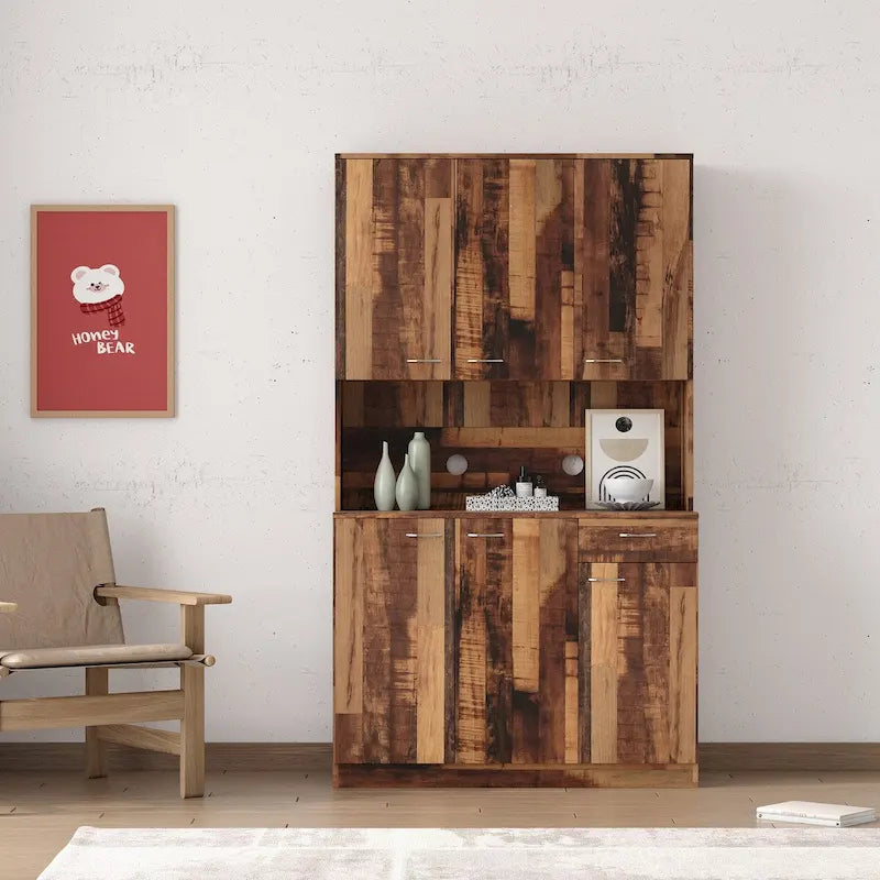 Grande armoire en MDF mélaminé noir/noyer/blanc/chêne avec 6 portes, 1 tiroir et 1 étagère ouverte