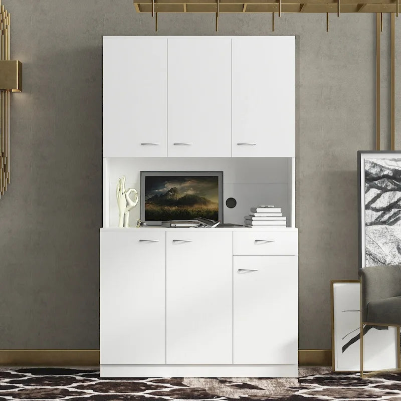 Grande armoire en MDF mélaminé noir/noyer/blanc/chêne avec 6 portes, 1 tiroir et 1 étagère ouverte