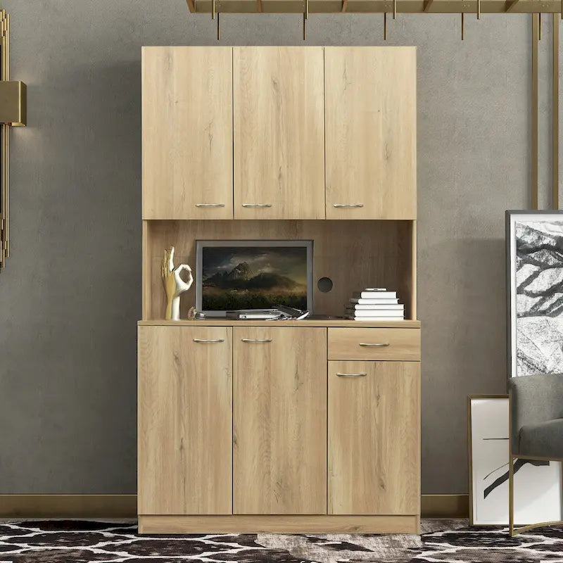 Grande armoire en MDF mélaminé noir/noyer/blanc/chêne avec 6 portes, 1 tiroir et 1 étagère ouverte