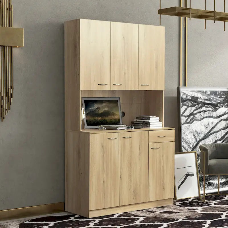 Grande armoire en MDF mélaminé noir/noyer/blanc/chêne avec 6 portes, 1 tiroir et 1 étagère ouverte