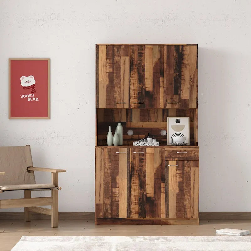 Grande armoire en MDF mélaminé noir/noyer/blanc/chêne avec 6 portes, 1 tiroir et 1 étagère ouverte
