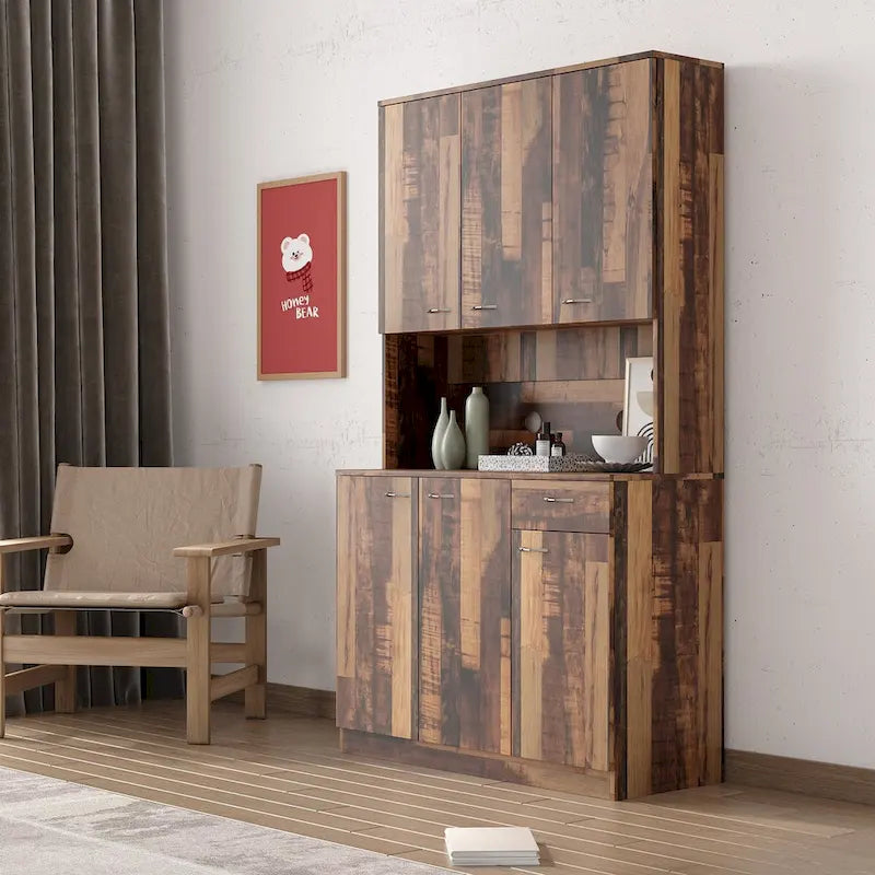 Grande armoire en MDF mélaminé noir/noyer/blanc/chêne avec 6 portes, 1 tiroir et 1 étagère ouverte