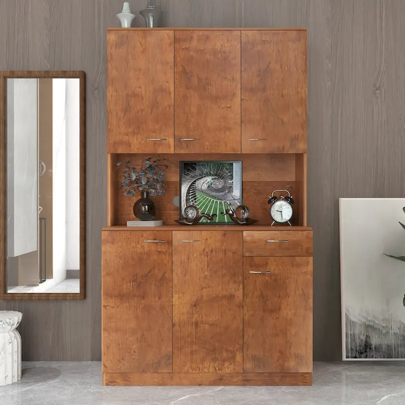 Grande armoire en MDF mélaminé noir/noyer/blanc/chêne avec 6 portes, 1 tiroir et 1 étagère ouverte