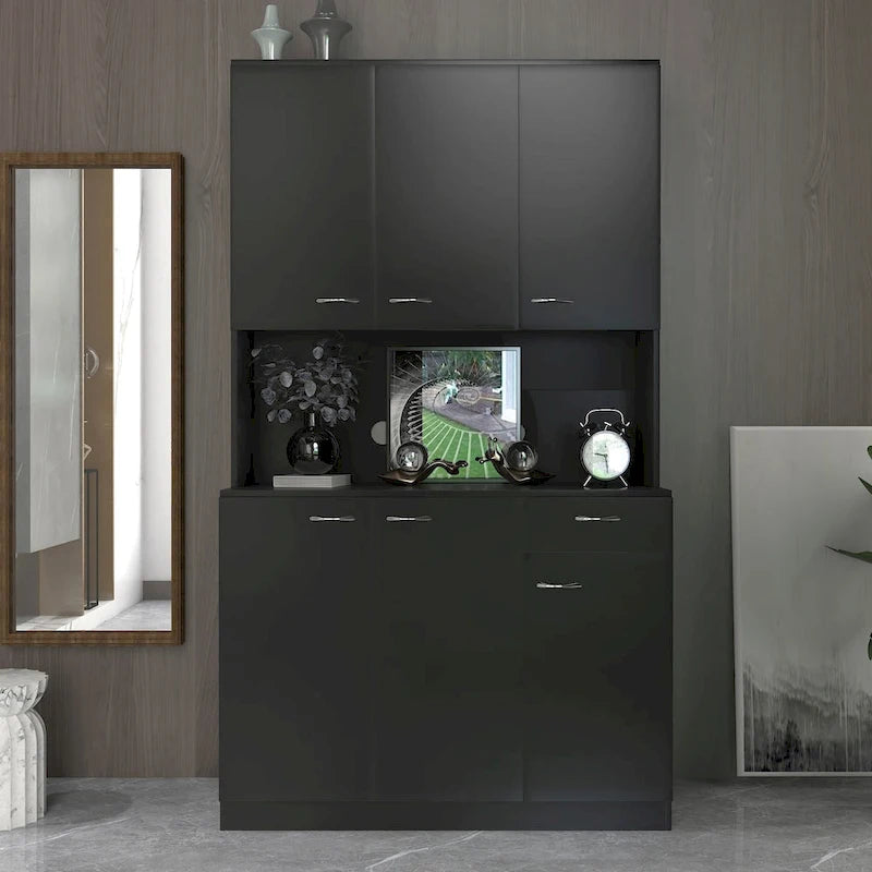 Grande armoire en MDF mélaminé noir/noyer/blanc/chêne avec 6 portes, 1 tiroir et 1 étagère ouverte