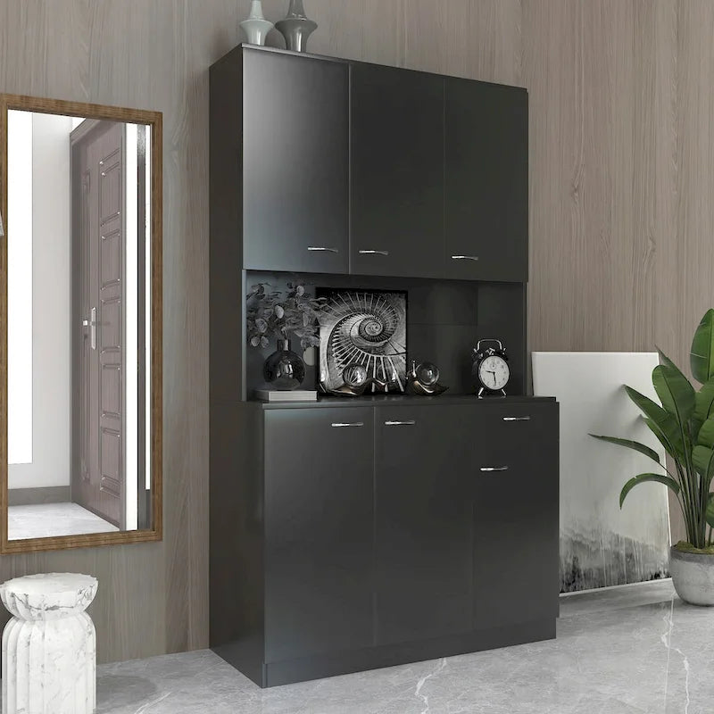 Grande armoire en MDF mélaminé noir/noyer/blanc/chêne avec 6 portes, 1 tiroir et 1 étagère ouverte