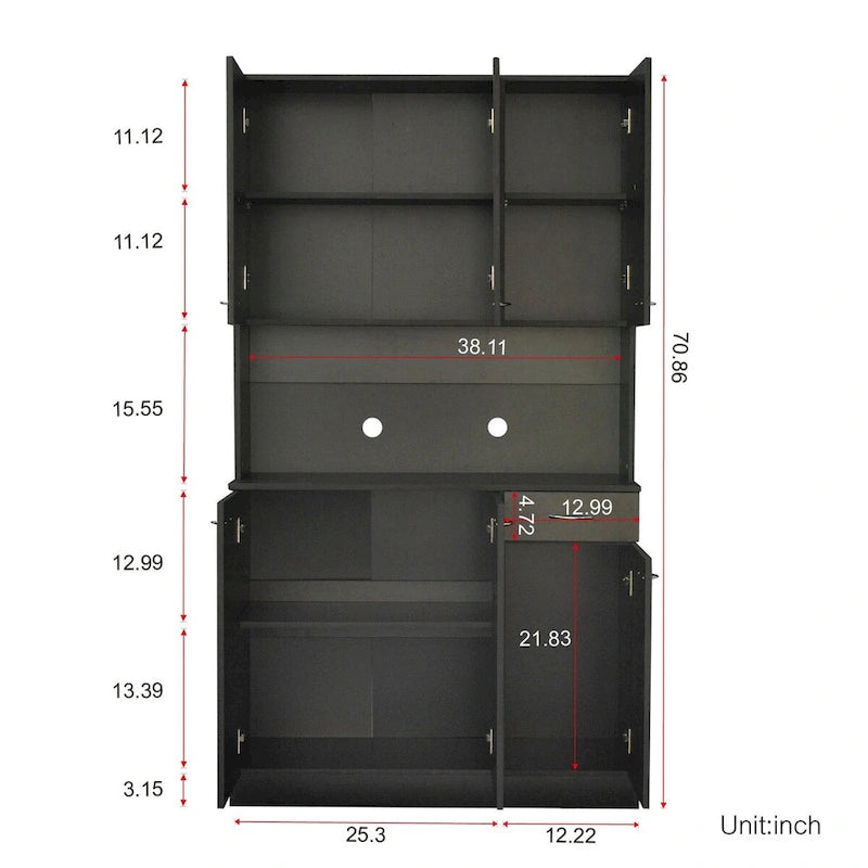 Grande armoire en MDF mélaminé noir/noyer/blanc/chêne avec 6 portes, 1 tiroir et 1 étagère ouverte
