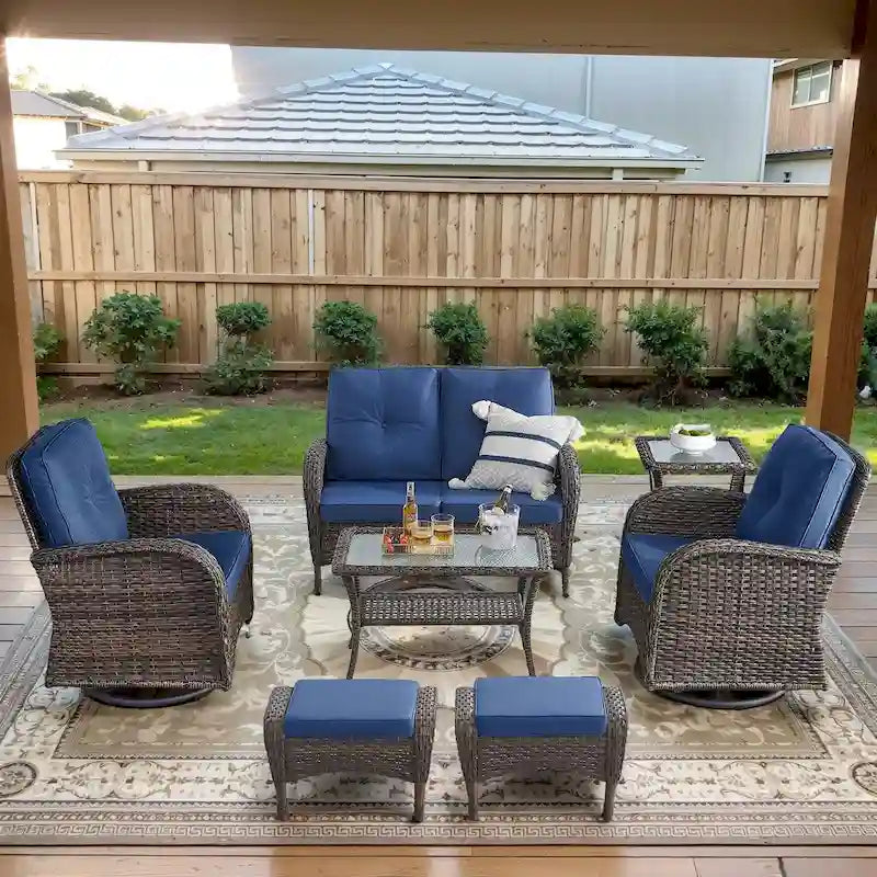 Fauteuils pivotants de patio en osier avec canapé 2 places et ottoman – Marron