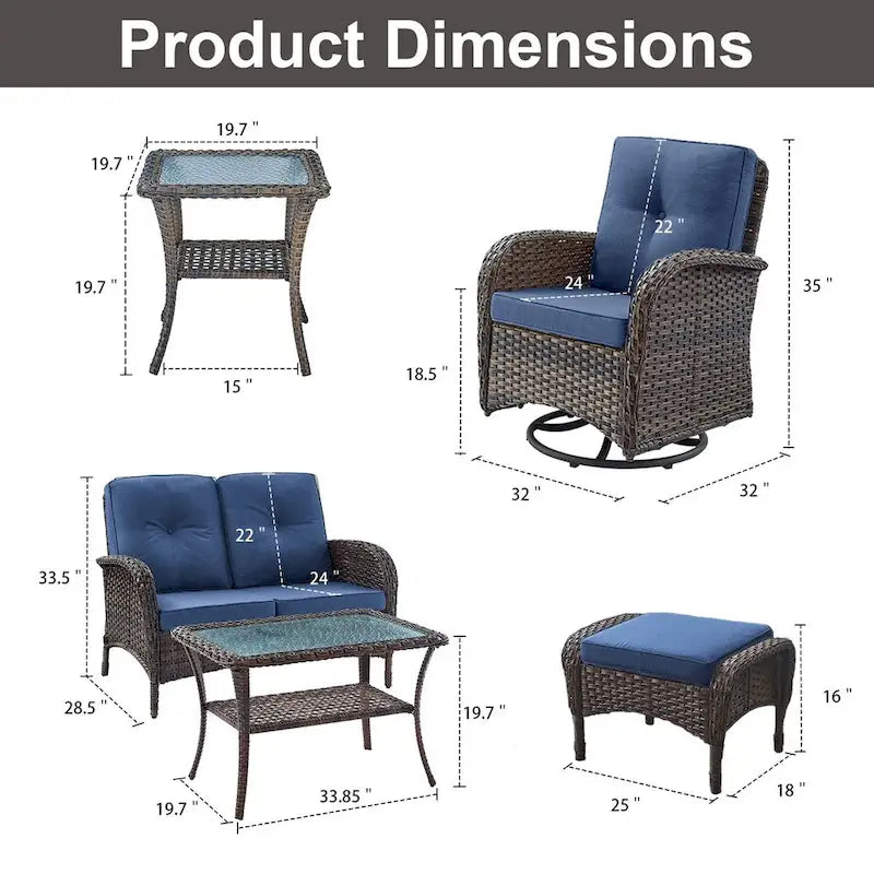Fauteuils pivotants de patio en osier avec canapé 2 places et ottoman – Marron