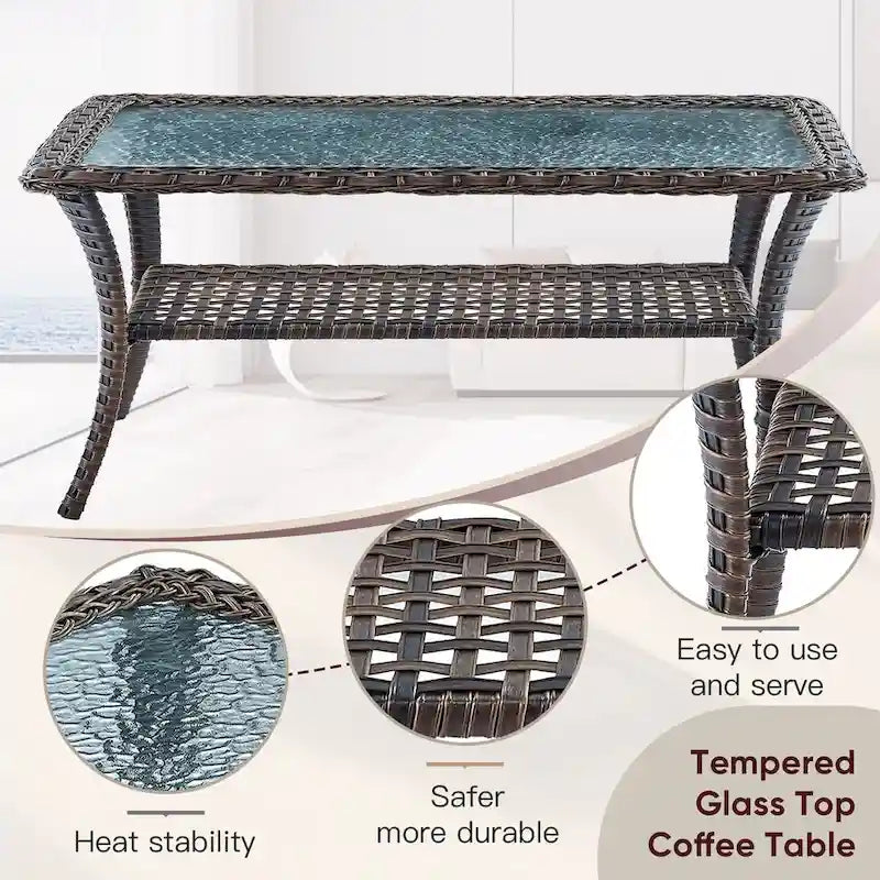 Fauteuils pivotants de patio en osier avec canapé 2 places et ottoman – Marron