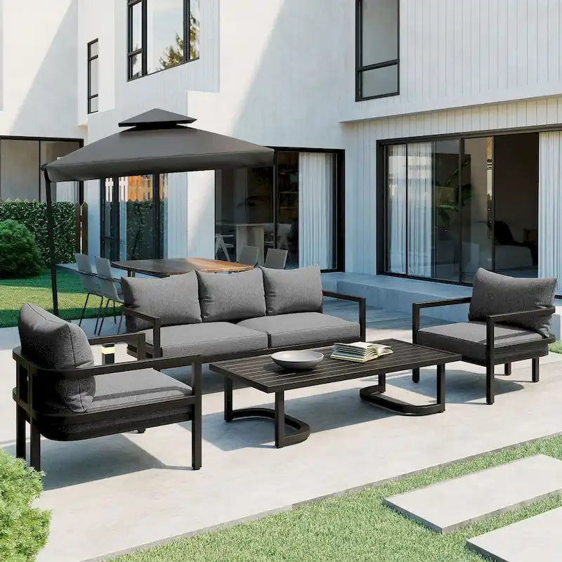 Canapé d'extérieur multipersonne en acier, imperméable, antirouille et anti-UV, adapté aux jardins et aux pelouses.