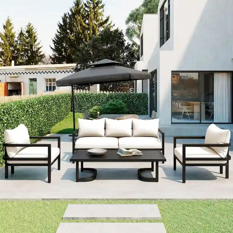 Canapé d'extérieur multipersonne en acier, imperméable, antirouille et anti-UV, adapté aux jardins et aux pelouses.