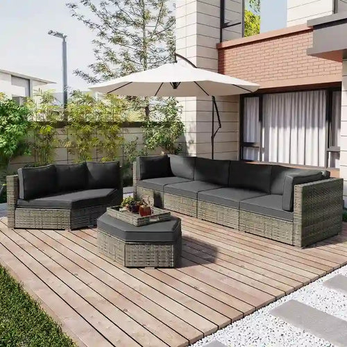 Ensemble de conversation d'extérieur 6 pièces avec pouf, coussins et petites tables d'appoint