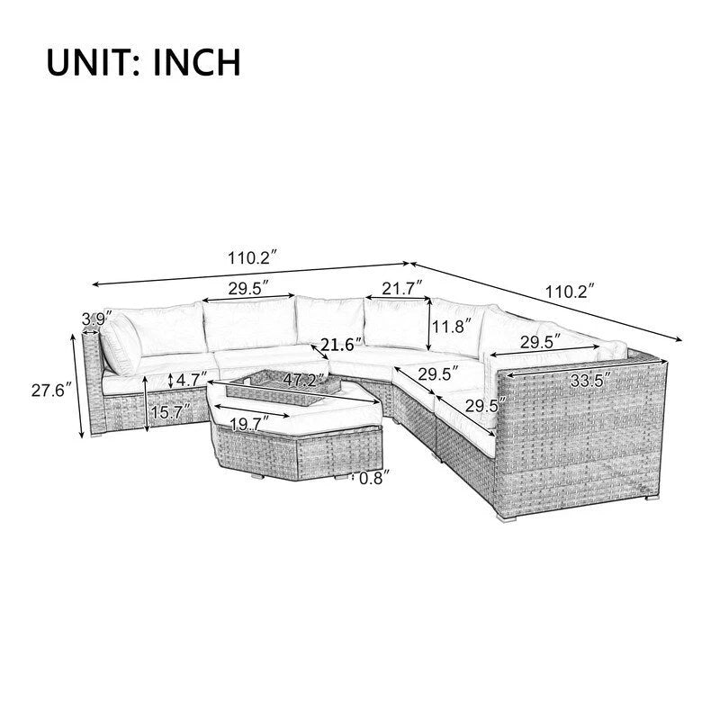 Ensemble de conversation d'extérieur 6 pièces avec pouf, coussins et petites tables d'appoint
