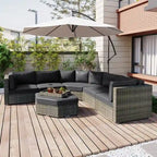 Ensemble de conversation d'extérieur 6 pièces avec pouf, coussins et petites tables d'appoint