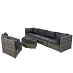 Ensemble de conversation d'extérieur 6 pièces avec pouf, coussins et petites tables d'appoint