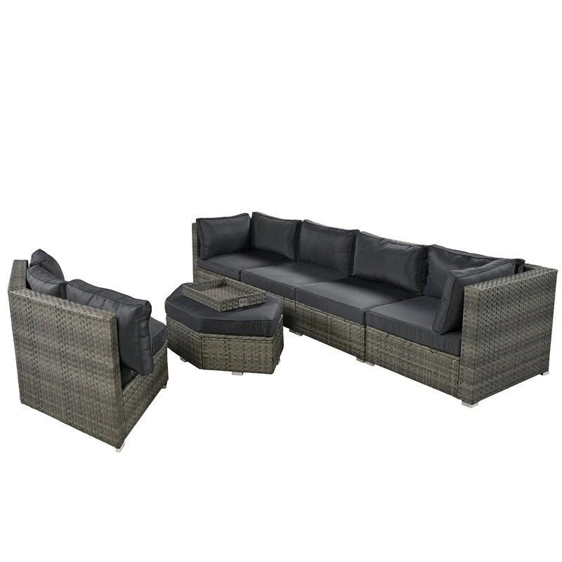 Ensemble de conversation d'extérieur 6 pièces avec pouf, coussins et petites tables d'appoint