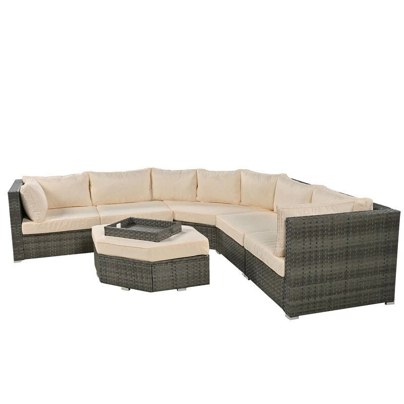 Ensemble de conversation d'extérieur 6 pièces avec pouf, coussins et petites tables d'appoint