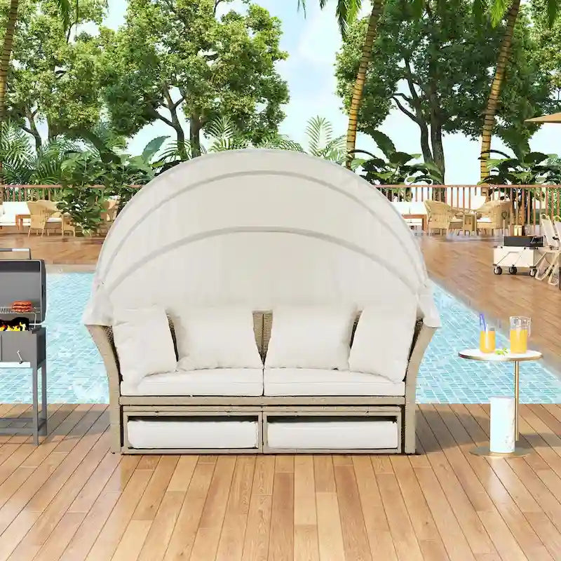 Bain de soleil double en rotin tressé d'extérieur avec auvent rétractable
