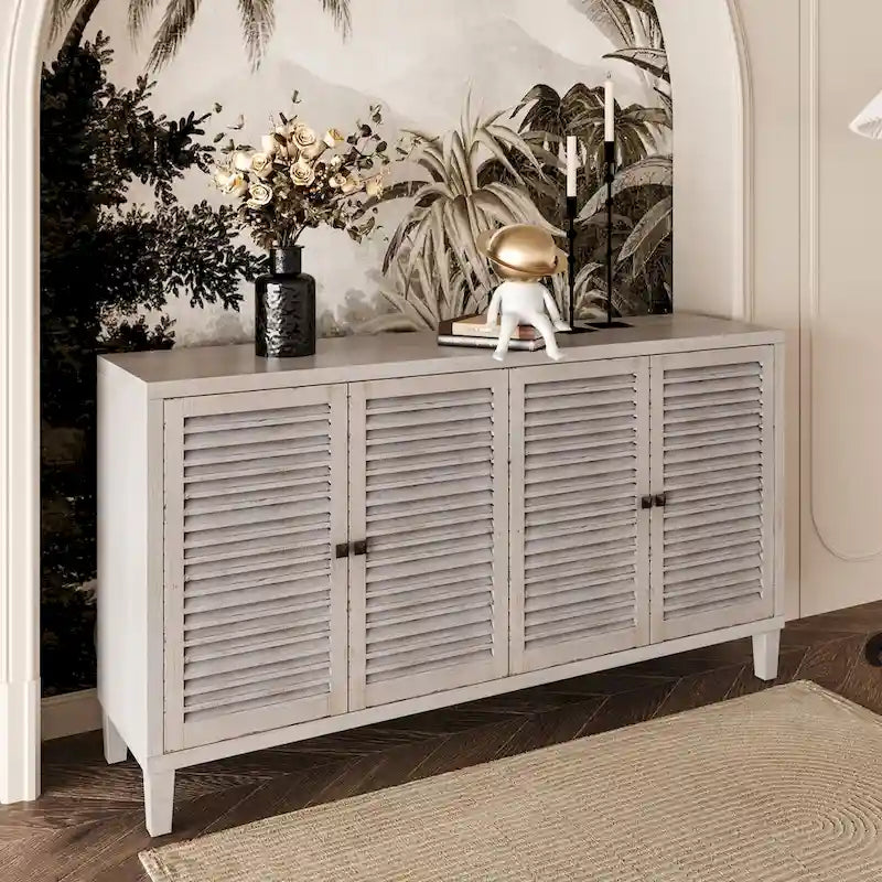 Meuble de Rangement Buffet en Bois Naturel MDF et Sapin avec Portes à 4 Volets et Étagères Réglables