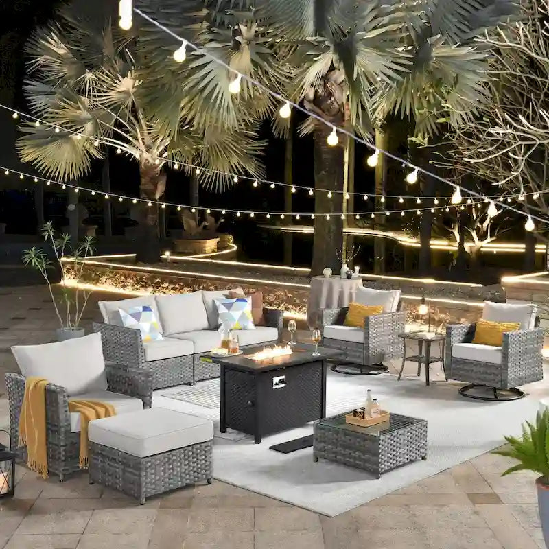Ensemble de mobilier de patio en osier 10 pièces XIZZI avec foyer